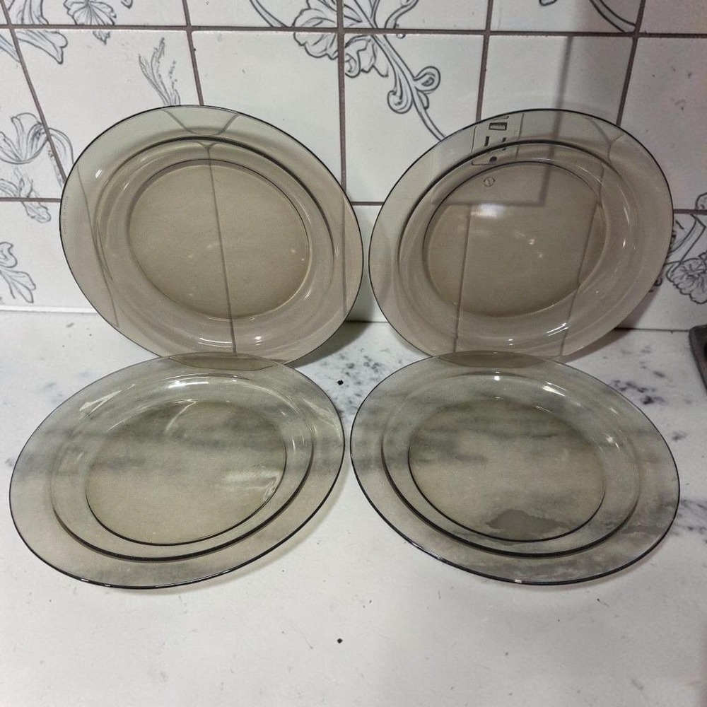 Arcoroc Smoke Gray Lunch Plates, Set Of 4, Vintage Glass Dinnerware, Tableware